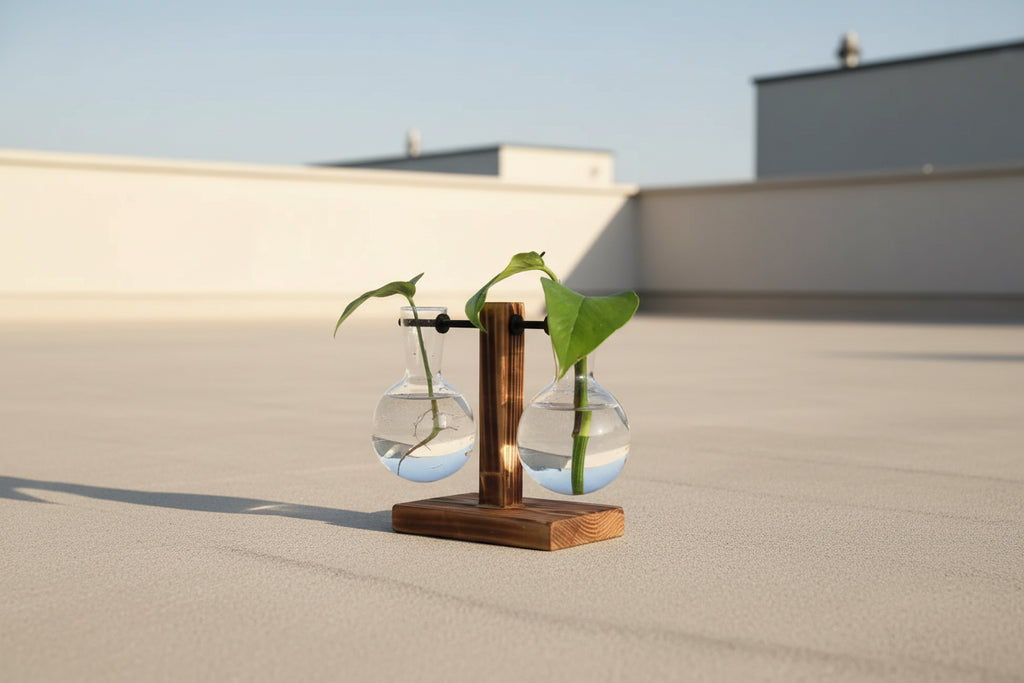 AquaNord™ Glass Bulb Vase – Minimalist Hydroponic Planter with Wooden Stand