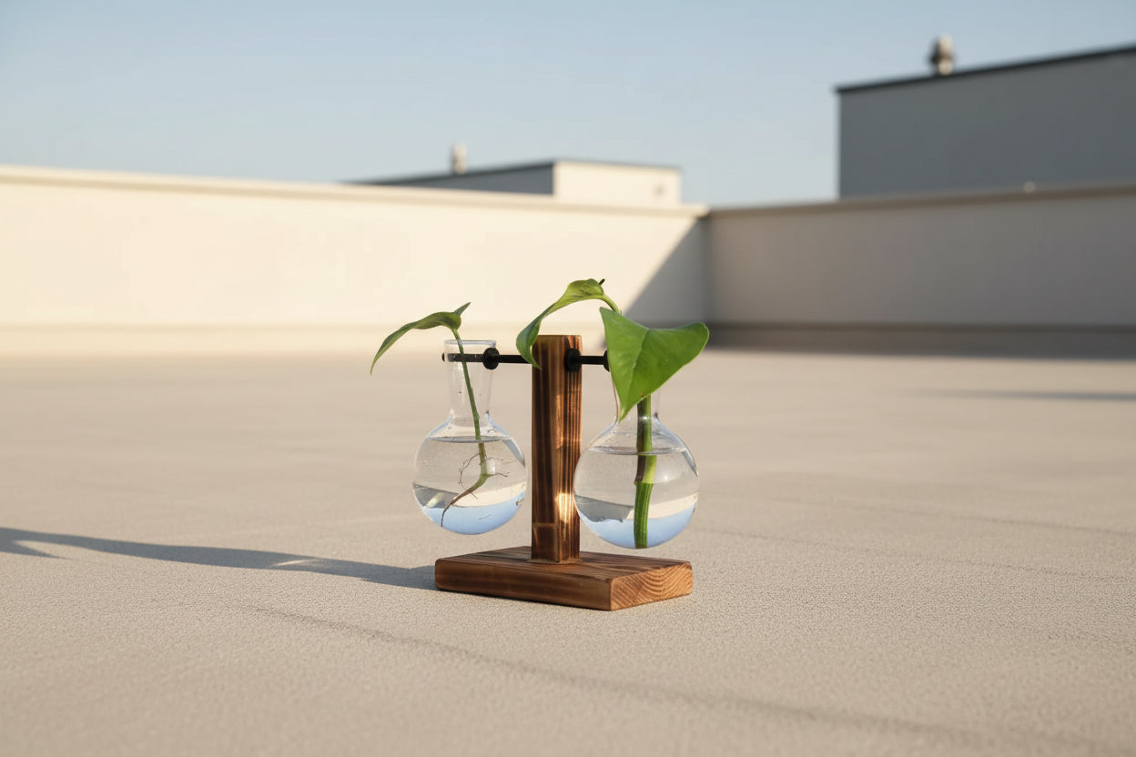 AquaNord™ Glass Bulb Vase – Minimalist Hydroponic Planter with Wooden Stand