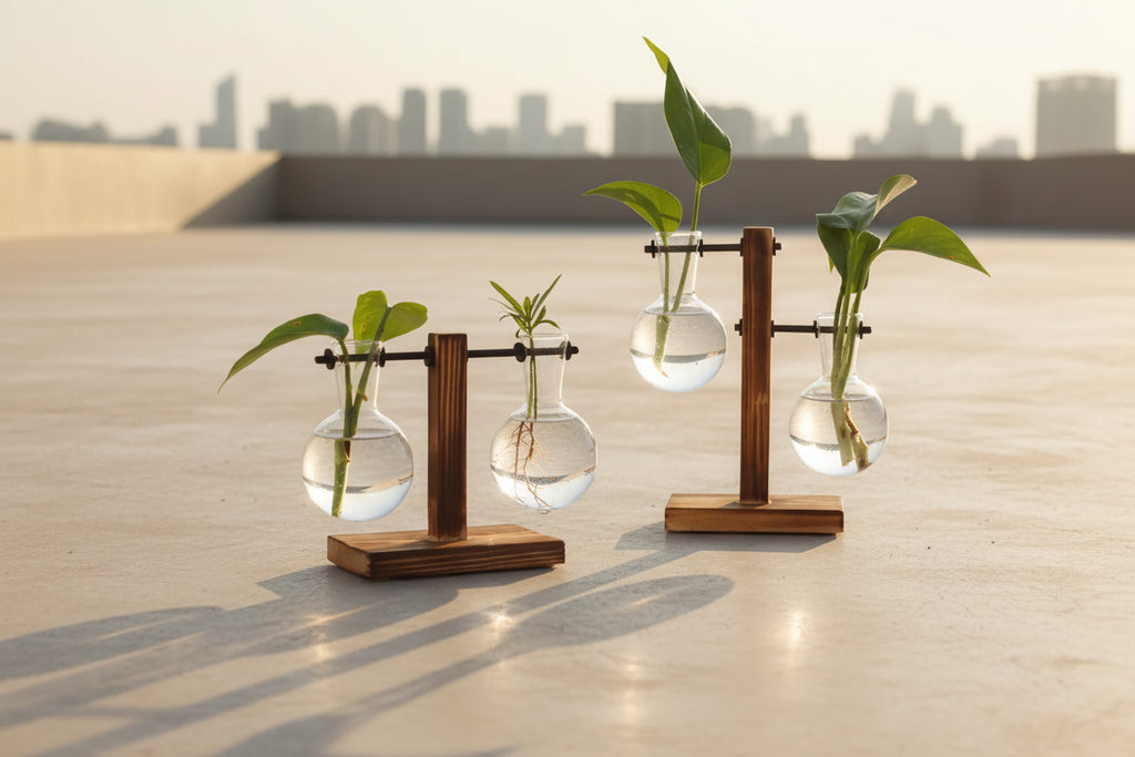 AquaNord™ Glass Bulb Vase – Minimalist Hydroponic Planter with Wooden Stand