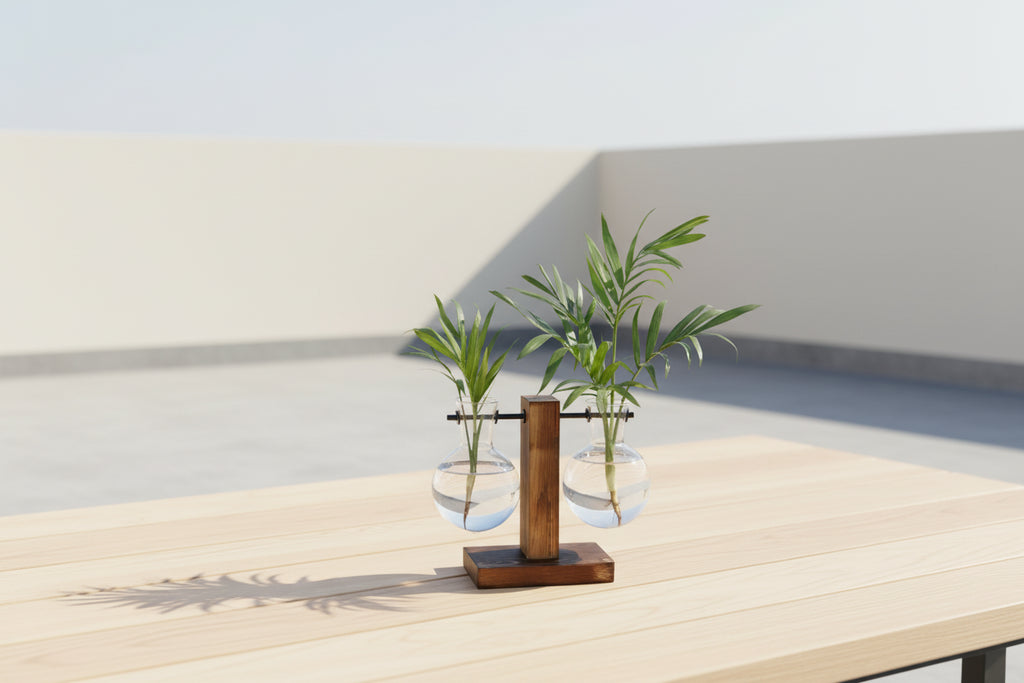 AquaNord™ Glass Bulb Vase – Minimalist Hydroponic Planter with Wooden Stand