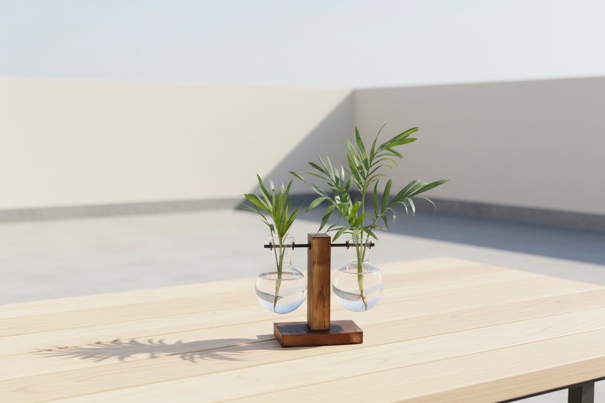 AquaNord™ Glass Bulb Vase – Minimalist Hydroponic Planter with Wooden Stand