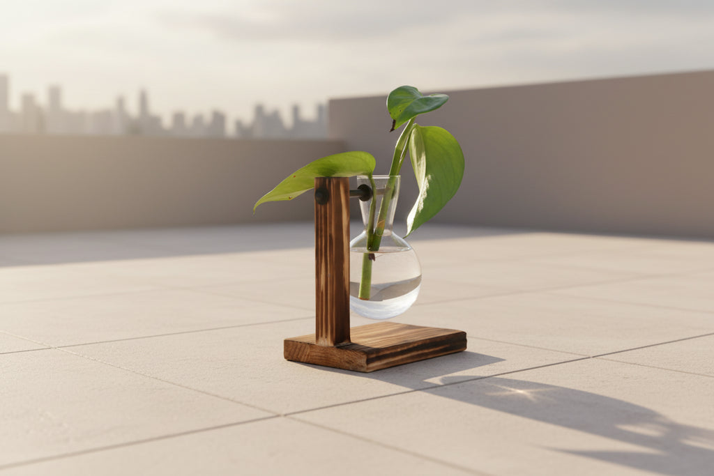 AquaNord™ Glass Bulb Vase – Minimalist Hydroponic Planter with Wooden Stand