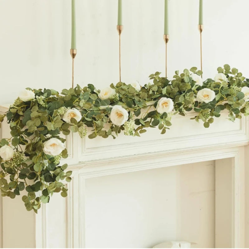 EucaLuxe™ 180cm Artificial Eucalyptus Garland with White Flowers – Elegant Hanging Décor