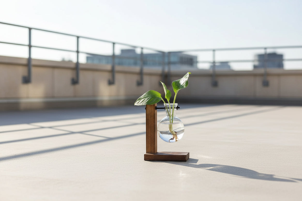 AquaNord™ Glass Bulb Vase – Minimalist Hydroponic Planter with Wooden Stand