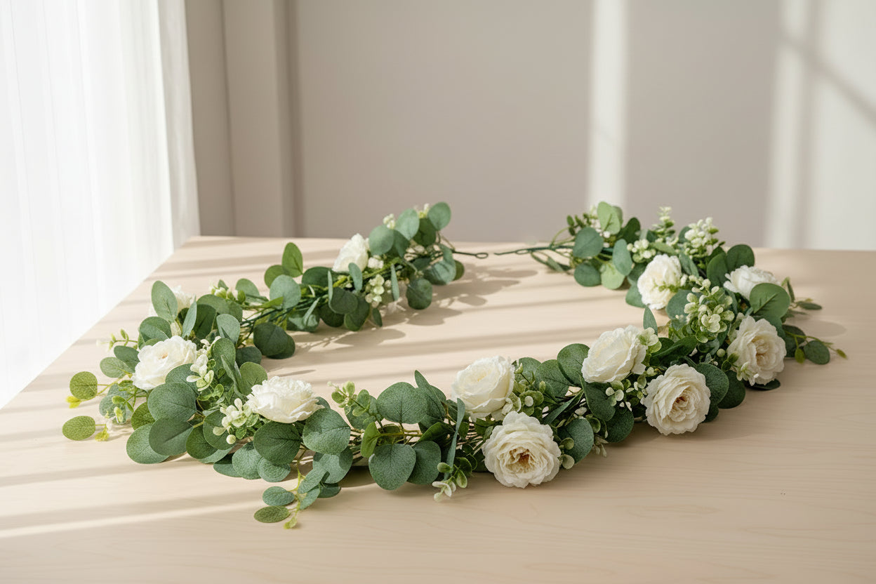 EucaLuxe™ 180cm Artificial Eucalyptus Garland with White Flowers – Elegant Hanging Décor