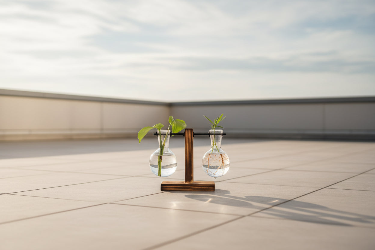 AquaNord™ Glass Bulb Vase – Minimalist Hydroponic Planter with Wooden Stand