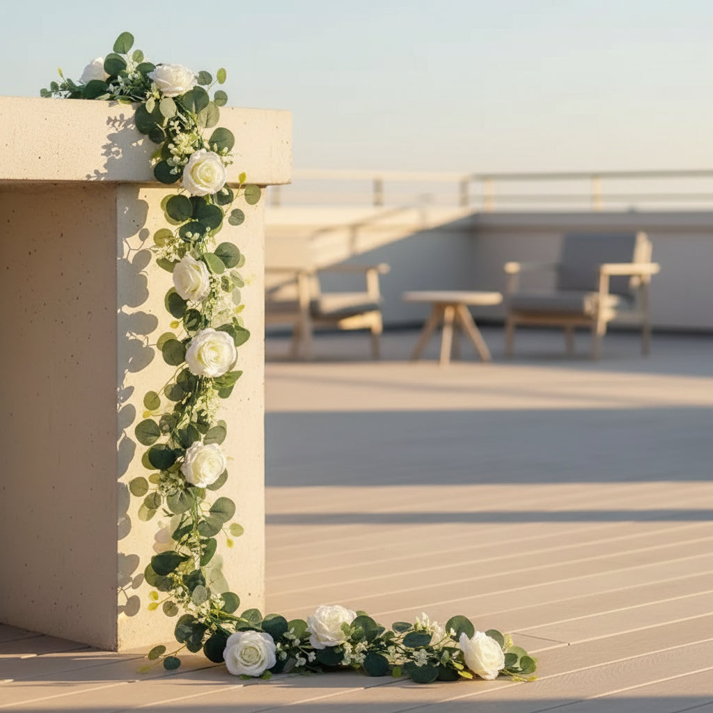 EucaLuxe™ 180cm Artificial Eucalyptus Garland with White Flowers – Elegant Hanging Décor