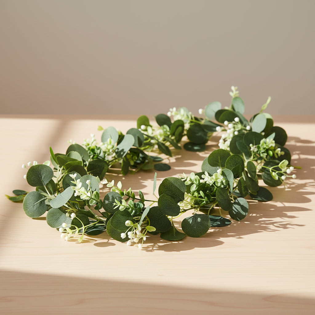 EucaLuxe™ 180cm Artificial Eucalyptus Garland with White Flowers – Elegant Hanging Décor