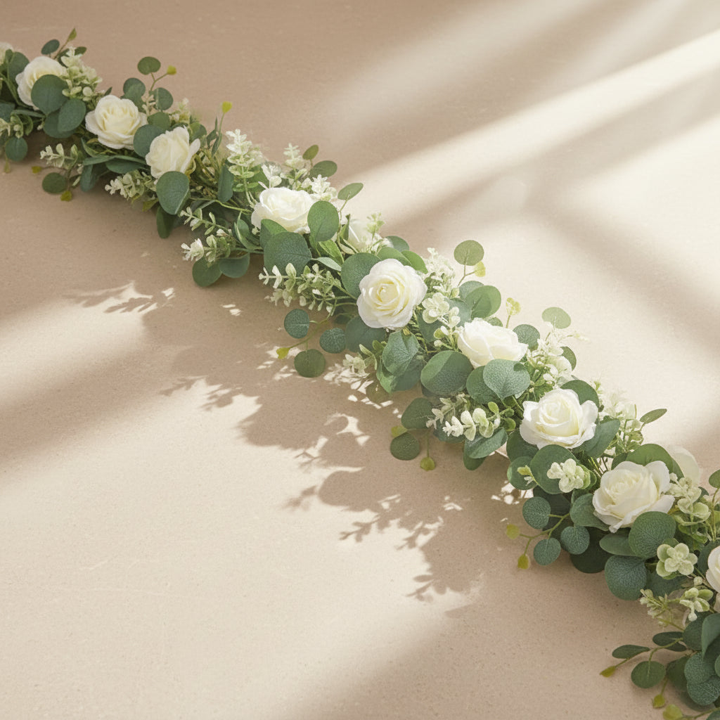 EucaLuxe™ 180cm Artificial Eucalyptus Garland with White Flowers – Elegant Hanging Décor