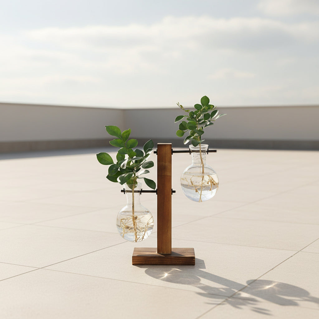 AquaNord™ Glass Bulb Vase – Minimalist Hydroponic Planter with Wooden Stand